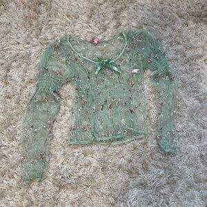 Sheer Mesh Floral Green Lace Top
